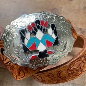 VINTAGE Native American Navajo Bird Nickel Silver Buckle Rose Carved Lether Belt